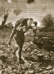 Tijdelijke luitenant G. St. G. S. Cather brengt een gewonde man binnen in het volle zicht van de vijand en onder mitrailleur- en artillerievuur