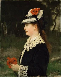 Vrouw met rode klaprozen (olieverf op doek)