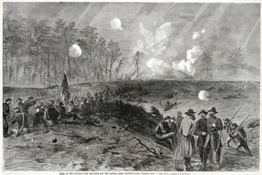 Leger van de Potomac - De strijd om de Salient, nabij Spottsylvania, Virginia. 12 mei 1864, uit Harpers Weekly, uitgegeven 1864