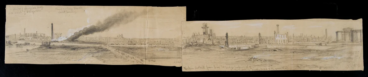 Noordelijk district vanaf de Erie Street Bridge, kijkend naar het oosten, tijdens de brand van Chicago in 1871