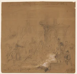 Zoeken naar een kluis in de ruïnes na de brand van Chicago in 1871