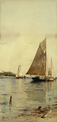 De zeilen drogen, oesterboten, Patchogue, Long Island