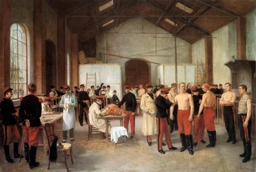 Vaccinatie van Franse officieren tijdens een sessie in het ziekenhuis Val-de-Grâce in Parijs omstreeks 1900