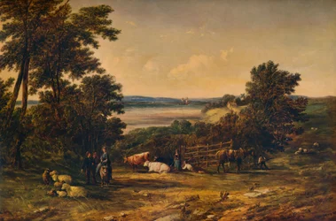 Een haven omgeven door beboste heuvels en weiden met vee, 1859, 1938