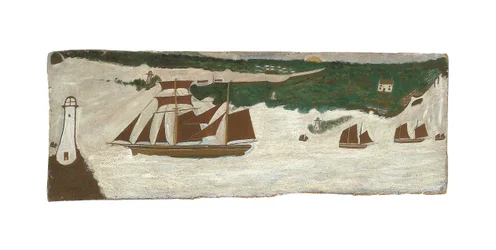 Schoener passeert vuurtoren, ca 1855-1942 (olieverf op board)