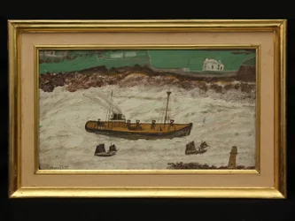 Drie boten tussen vuurtoren en kust, ca. 1930