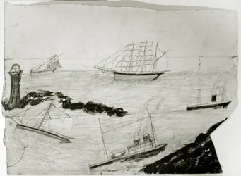 Drie zeilschepen, twee stoomschepen en Godrevy vuurtoren, ca. 1935-38