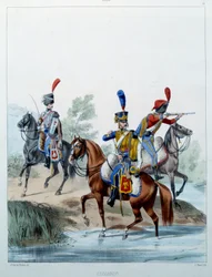 Napoleontisch Leger: Hussaren. Gravure door Alfred De Marbot (19e eeuw) 1806