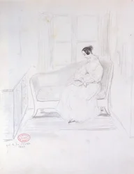George Sand (1804-76), lezend op een sofa naast een raam, 1833