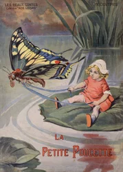 Het kleine Duimpjesmeisje. Een piepklein meisje dat op een waterlelie zit, wordt door een vlinder getrokken. Sprookje van Hans Christian Andersen (1805-1875). Illustratie van Vaccari en Carrey in de collectie „Les beaux tales”, „Nos loisirs”, omstreeks