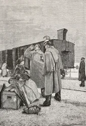 Vijf minuten stop, twee mannen staan bij een treinstop te drinken en eten, gravure naar een schilderij van Alfredo Luxoro, uit L