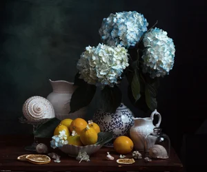 Blauwe hortensia’s en citroenen