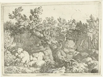 Landschap met jager bij grote boom