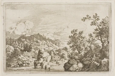 Rivier tussen rotsen en houten hutten
