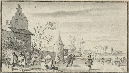 Schaatsers op vijver buiten de stad