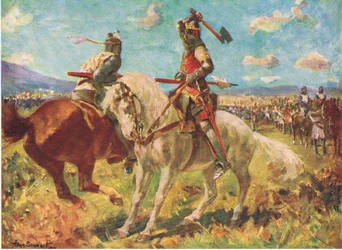 Het gevecht tussen koning Robert de Bruce en Sir Henry de Bohun bij Bannockburn (kleur litho)