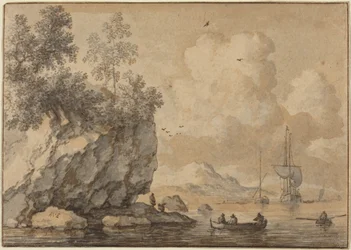 Figuren in roeiboten in een rotsachtige baai, zeilschepen in de verte