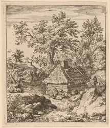 Landschap met molensteen bij een vat