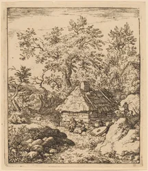 Landschap met molensteen bij een vat, waarschijnlijk ca. 1645-1656