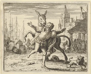De ezel, jaloers op de aandacht die de hond van zijn meester krijgt, probeert te imiteren ..., 1650-75