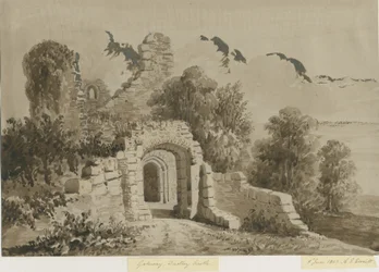 Dudley Castle - De Poort: rood-sepia was tekening