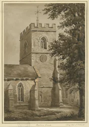 Harborne Kerk: rode sepia tekening, 2 jul 1842