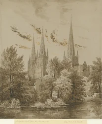 Lichfield Kathedraal - Zuidwestaanzicht: sepia tekening, jul 1842
