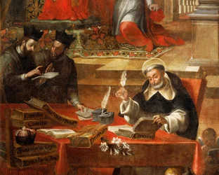 Twee jezuïeten in gesprek terwijl St. Raymond het Concilie schrijft (detail)