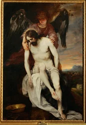 De dode Christus ondersteund door een engel (schilderij op doek)