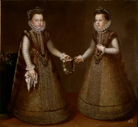 Portret van Isabella en Catherine, dochters van koning Filips II (1527-1598) van Spanje. Schilderij door Alonso Sanchez-Coello (circa 1531-1588) 1570 rond Madrid, Prado Museum