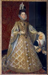 Portret van de Infante van Spanje Isabelle Clara Eugenie van Habsburg, soeverein van de Nederlanden en Magdalena Ruiz