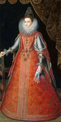 Portret van de Infanta Isabella Eugenia, staand in volle lengte met een brokaatjurk, 1593
