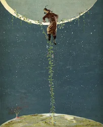Baron Münchhausen klimt via een Turkse bonenplant naar de maan, uit „De avonturen van baron Münchhausen“ van Rudolf Erich Raspe (1736-94), gepubliceerd ca. 1886