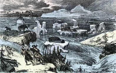 Prehistorie; overstroming in Centraal-Europa aan het einde van de IJstijd Gravure uit 