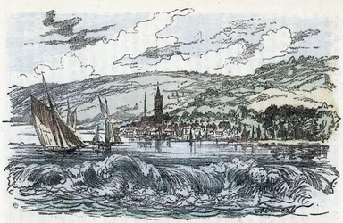 Uitzicht op de mascaret van de Seine naar Caudebec-en-Caux (Caudebec en Caux) in de Seine Maritime, Normandië (de getijdegolf van de Seine rivier bij Caudebec en Caux, Normandië) Gravure uit 