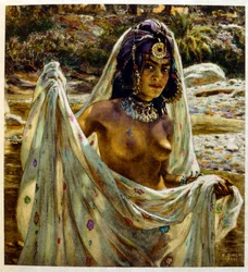 Illustratie van Dinet uit „Mirages: taferelen uit het Arabische leven”. 1906. Mirages, Scènes de la vie arabe werd geïllustreerd door Étienne Dinet met commentaar van Silman Ben Ibrahim Bamer. Nasreddine Dinet werd geboren als Alphonse-Étienne Dinet