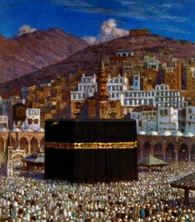 Illustratie van moslimpelgrims bij de Kabbah in Mekka