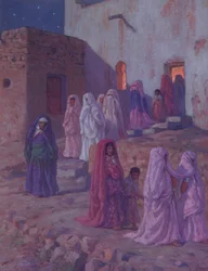 Moslims verlaten de dorpsmoskee op de vooravond van Mouled, illustratie uit een geschiedenis van het leven van de profeet Mohammed, gepubliceerd in Parijs in 1918
