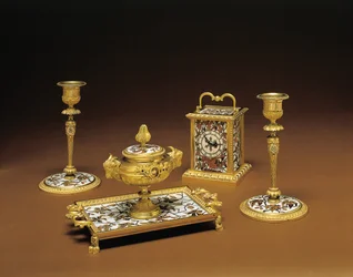 Napoleon III vierdelige bureauset, marqueterie door Duvinage en Harinckouk, ca. 1877