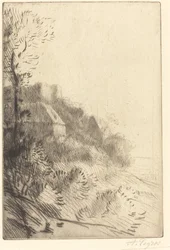 Boerderij op een heuvel in zonlicht