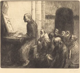 Monnik die in de kerk op het orgel speelt.