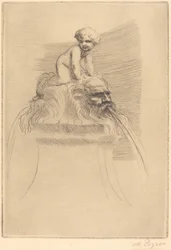 Kleine fontein, kind spelend op de grotesken