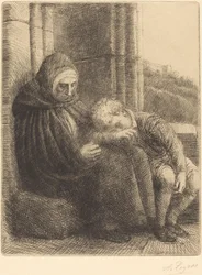 Zittende vrouw tegen een muur, kind met zijn hoofd in haar schoot Femme assise, muraille...