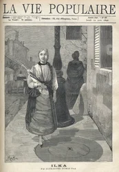 Een eenvoudige en verfijnde jonge vrouw, met vlechten, die een paraplu vasthoudt, loopt zelfverzekerd door de straat. Achter haar vervolgen een vrouw gekleed in het zwart en een rijtuig met vaten hun reis. Illustratie door Alfons Maria Mucha (Alphonse Mar