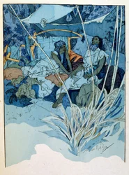 Illustratie door Alphonse Mucha uit "Rama" een gedicht in drie bedrijven door Paul Verola. ca.1898. Mucha (1860 – 1939). was een Tsjechische Art Nouveau schilder