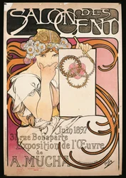 Poster die de tentoonstelling van A. Mucha adverteert in de Salon des Cent