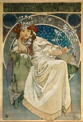 Affiche van Alphonse Mucha (1860-1939) voor de première van het ballet ‘Prinses Hyacint’ van Oskar Nedbal (1874-1930) in het Nationaal Theater in Praag, met de actrice Andula Sedláčková