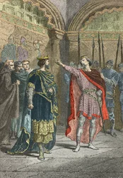 Adalbert comte de la marche trotseert Hugues Capet die u koning maakte (Gravure)