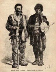 Bulgaarse rondtrekkende bedelaars, waaronder een blinde persoon die ghuzla (Servische luit met een snaar) speelt die de recitatie van poëzie en epische verhalen begeleidt, gegraveerd naar de tekening van A. De Neuville, ter illustratie van de reis naar Bul