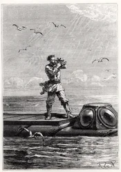 Kapitein Nemo bovenop de Nautilus, uit 